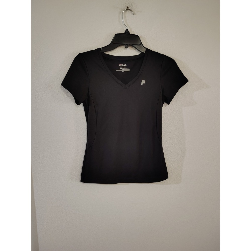 Fila Sport Womens Black V-Neck Activewear Short Sleeve T-Shirt RN 73277 XS